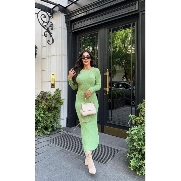 Bisiklet Yaka Fitilli Uzun Elbise -Açık Yeşil