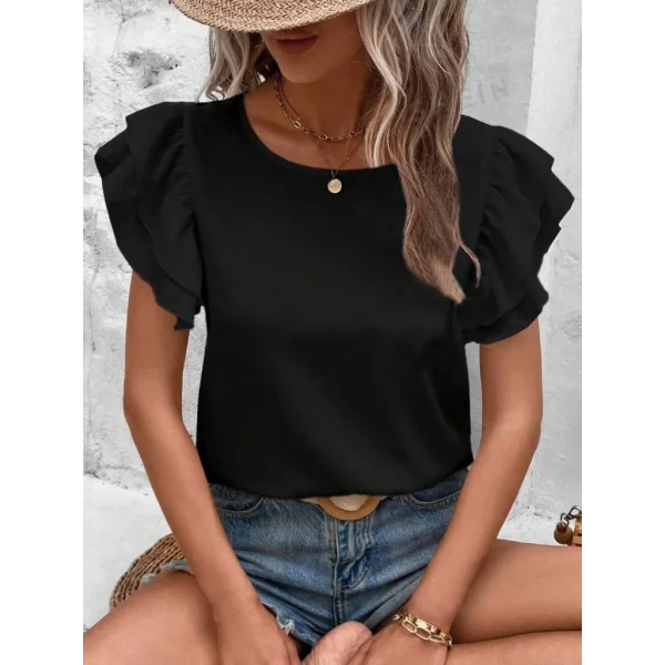 Bisiklet Yaka Kolları Volanlı İthal Krep Bluz