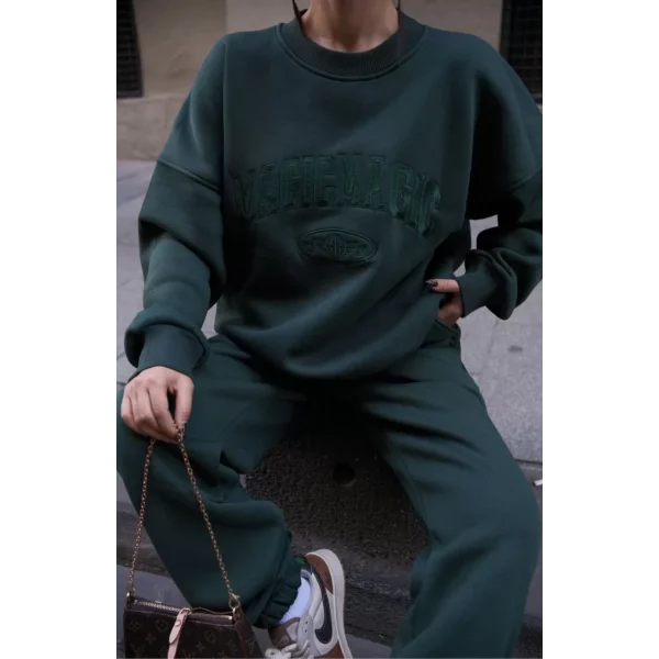 Bisiklet Yaka Nakış İşlemeli Üç İplik Sweat Takım - Yeşil