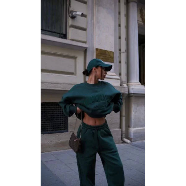 Bisiklet Yaka Nakış İşlemeli Üç İplik weat Takım  Yeşil