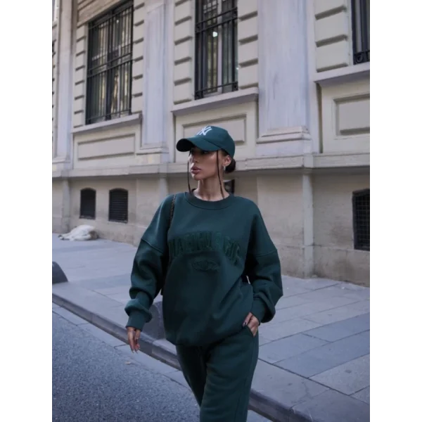 Bisiklet Yaka Nakış İşlemeli Üç İplik weat Takım  Yeşil