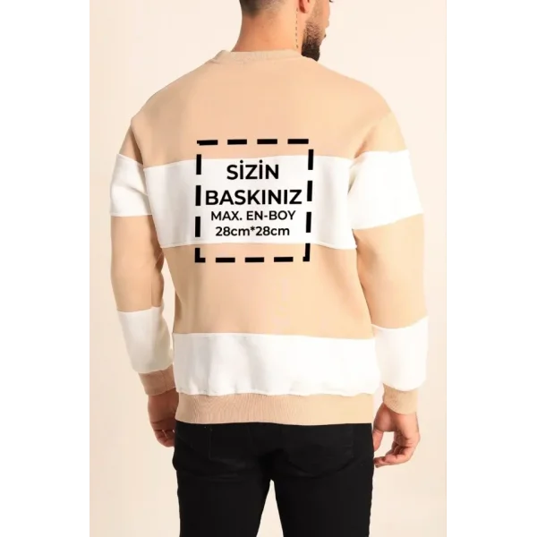 Bisiklet Yaka Parçalı Özel Üretim Sweatshirt- Bej