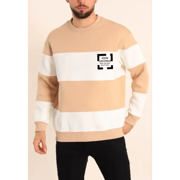 Bisiklet Yaka Parçalı Özel Üretim Sweatshirt- Bej