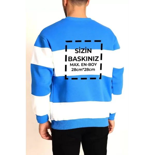 Bisiklet Yaka Parçalı Özel Üretim Sweatshirt- Mavi