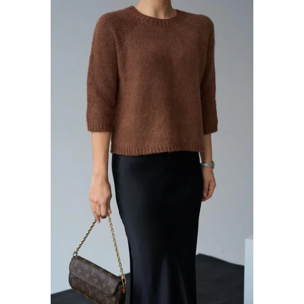 Bisiklet Yaka Reglanlı Kısa Kol Kazak  Acı Kahve