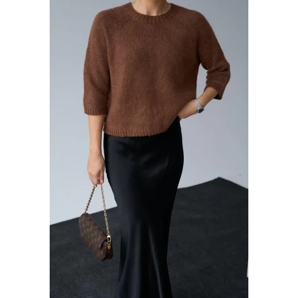 Bisiklet Yaka Reglanlı Kısa Kol Kazak  Acı Kahve