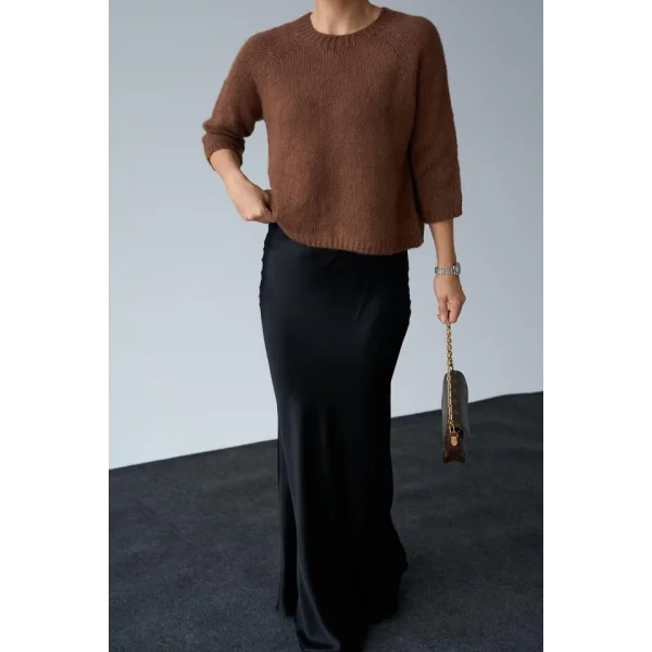 Bisiklet Yaka Reglanlı Kısa Kol Kazak  Acı Kahve