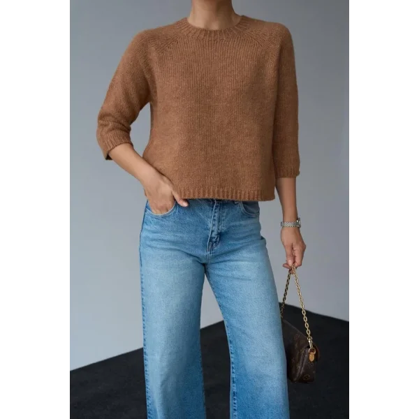 Bisiklet Yaka Reglanlı Kısa Kol Kazak  Camel