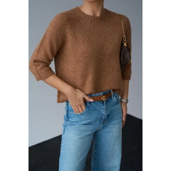 Bisiklet Yaka Reglanlı Kısa Kol Kazak  Camel