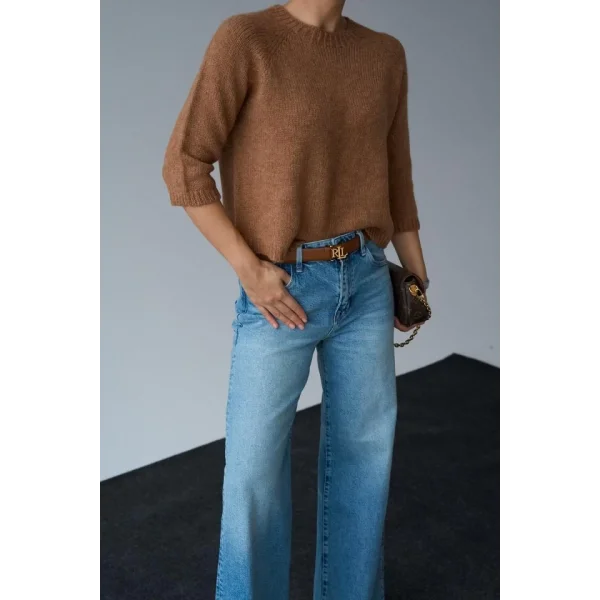 Bisiklet Yaka Reglanlı Kısa Kol Kazak  Camel