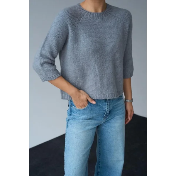 Bisiklet Yaka Reglanlı Kısa Kol Kazak  Gri