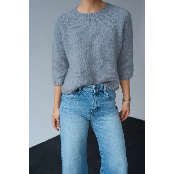 Bisiklet Yaka Reglanlı Kısa Kol Kazak  Gri