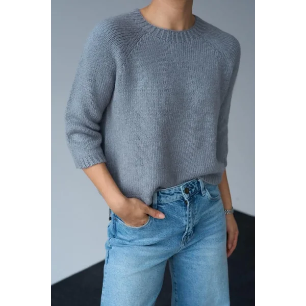 Bisiklet Yaka Reglanlı Kısa Kol Kazak  Gri