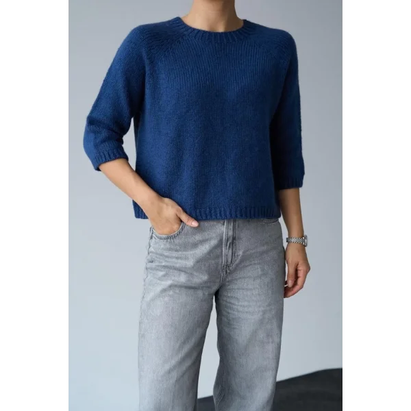 Bisiklet Yaka Reglanlı Kısa Kol Kazak  İndigo