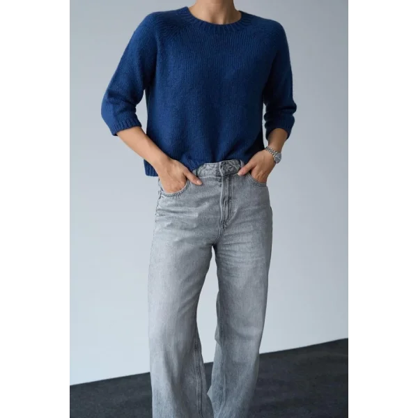 Bisiklet Yaka Reglanlı Kısa Kol Kazak  İndigo