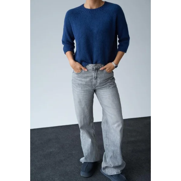 Bisiklet Yaka Reglanlı Kısa Kol Kazak  İndigo