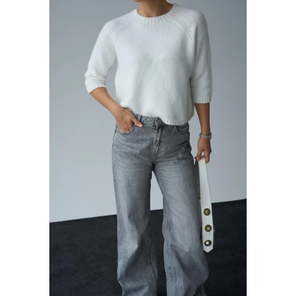 Bisiklet Yaka Reglanlı Kısa Kol Kazak  Kemik