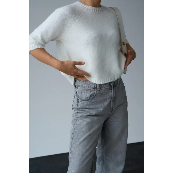 Bisiklet Yaka Reglanlı Kısa Kol Kazak  Kemik