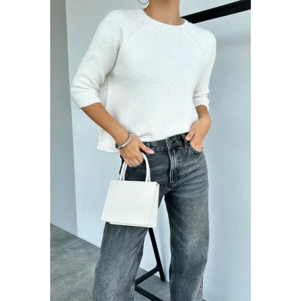 Bisiklet Yaka Reglanlı Kısa Kol Kazak  Krem