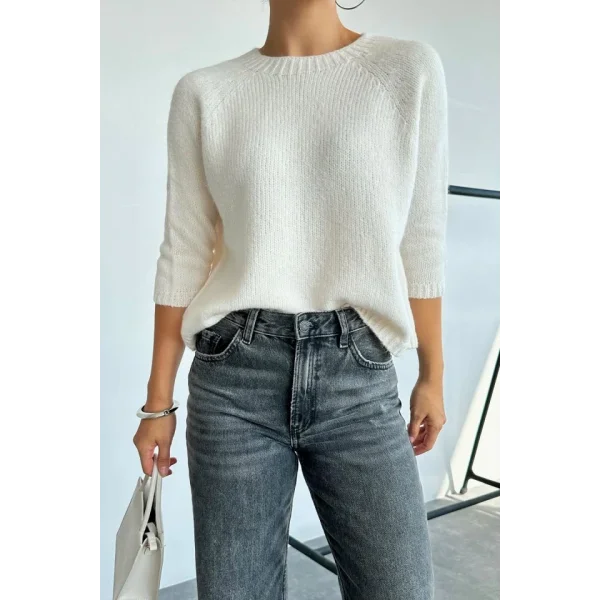 Bisiklet Yaka Reglanlı Kısa Kol Kazak  Krem