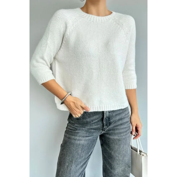 Bisiklet Yaka Reglanlı Kısa Kol Kazak  Krem