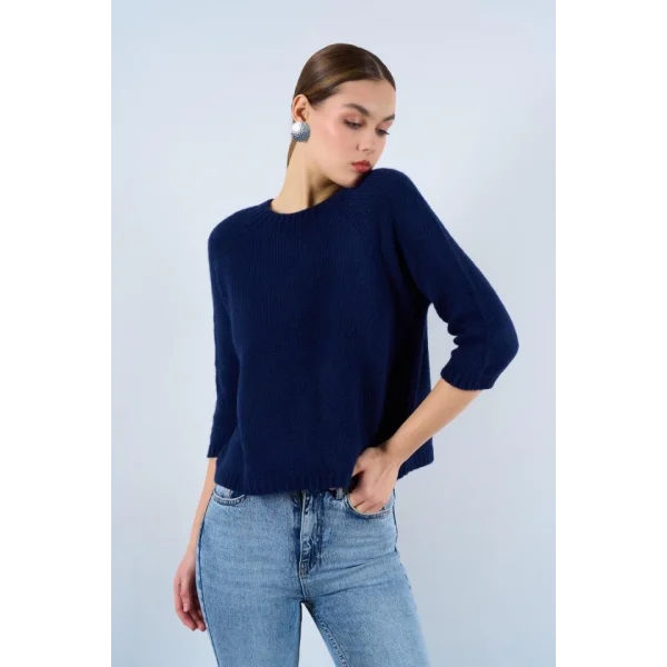 Bisiklet Yaka Reglanlı Kısa Kol Kazak  Lacivert