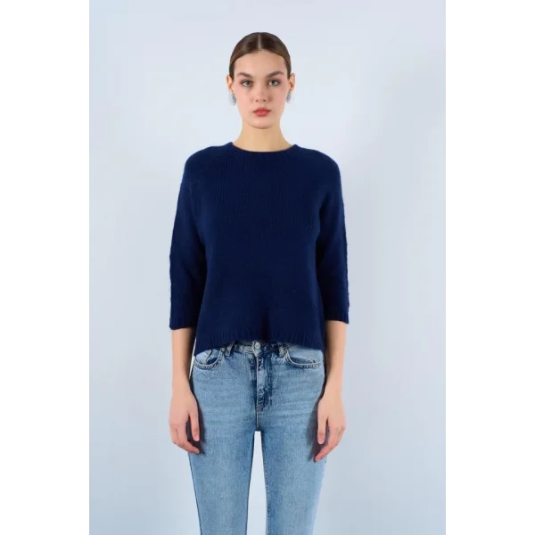 Bisiklet Yaka Reglanlı Kısa Kol Kazak  Lacivert