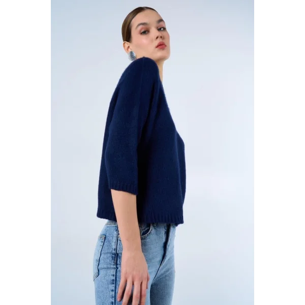 Bisiklet Yaka Reglanlı Kısa Kol Kazak  Lacivert