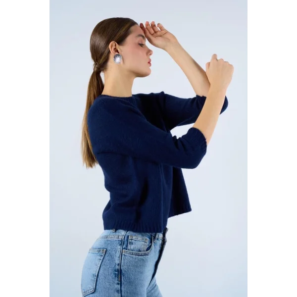 Bisiklet Yaka Reglanlı Kısa Kol Kazak  Lacivert