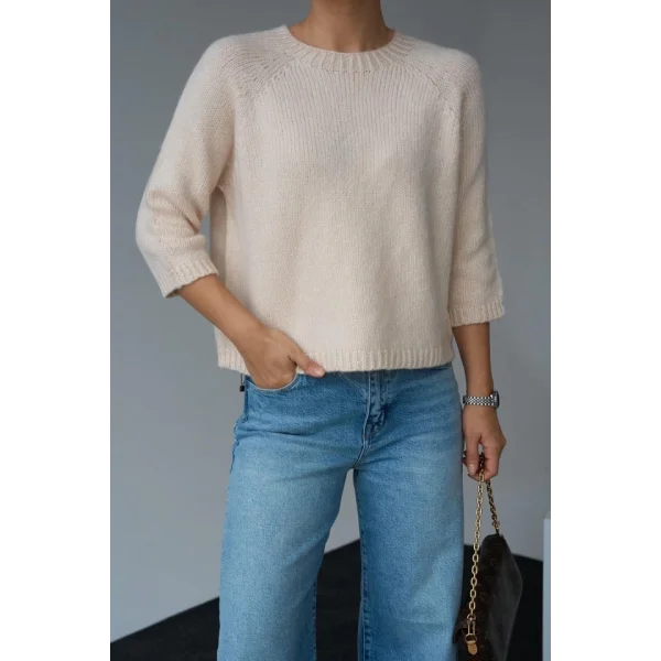 Bisiklet Yaka Reglanlı Kısa Kol Kazak  Vanilya