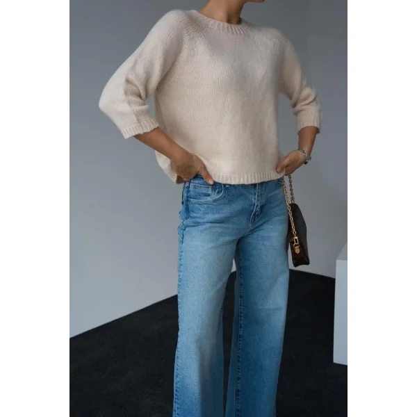 Bisiklet Yaka Reglanlı Kısa Kol Kazak  Vanilya