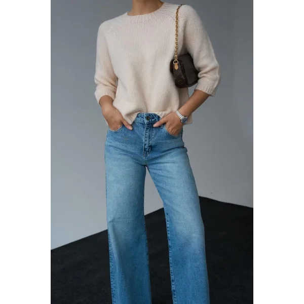 Bisiklet Yaka Reglanlı Kısa Kol Kazak  Vanilya