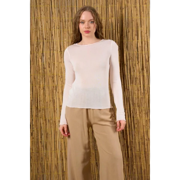 Bisiklet Yaka Transparan Kazak  Krem