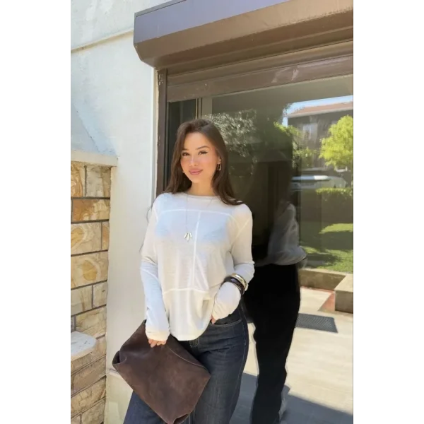 Bisiklet Yaka Uzun Kollu Bluz - Beyaz