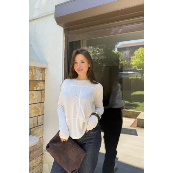 Bisiklet Yaka Uzun Kollu Bluz - Beyaz