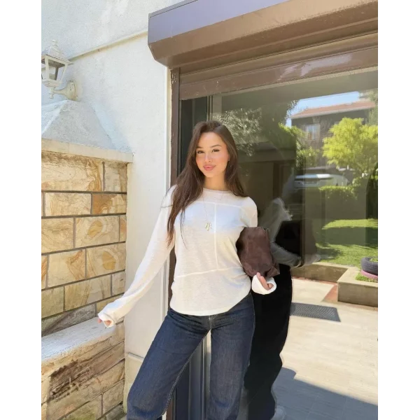 Bisiklet Yaka uzun Kollu Bluz - Beyaz