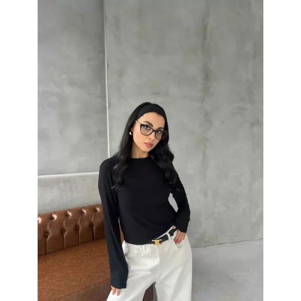 Bisiklet Yaka Uzun Kollu Crop - Siyah