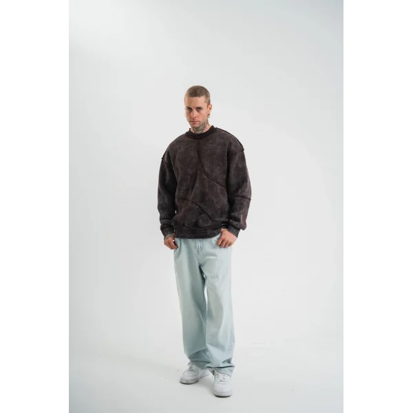 Bisiklet Yaka Yıkamalı Asimetrik Kesşm SweatShirt - Kahve