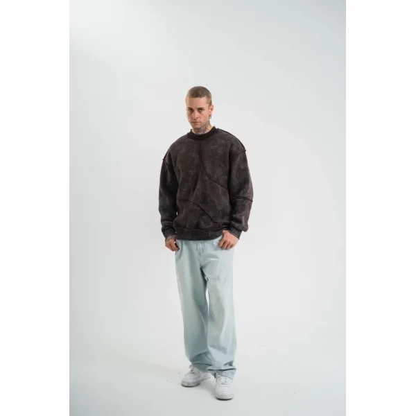 Bisiklet Yaka Yıkamalı Asimetrik Kesşm SweatShirt - Kahve