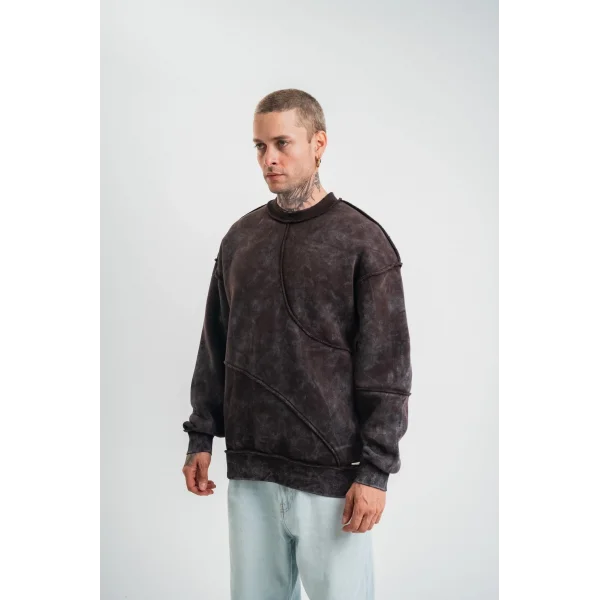 Bisiklet Yaka Yıkamalı Asimetrik Kesşm SweatShirt - Kahve