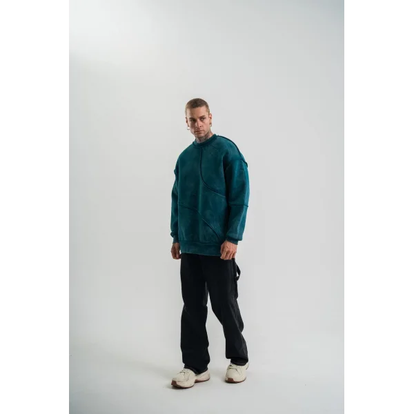 Bisiklet Yaka Yıkamalı Asimetrik Kesşm SweatShirt - Koyu Deniz Yeşili