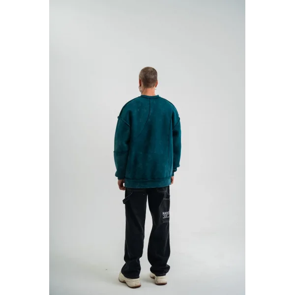 Bisiklet Yaka Yıkamalı Asimetrik Kesşm SweatShirt - Koyu Deniz Yeşili