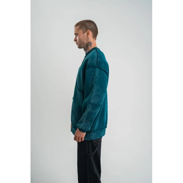 Bisiklet Yaka Yıkamalı Asimetrik Kesşm SweatShirt - Koyu Deniz Yeşili