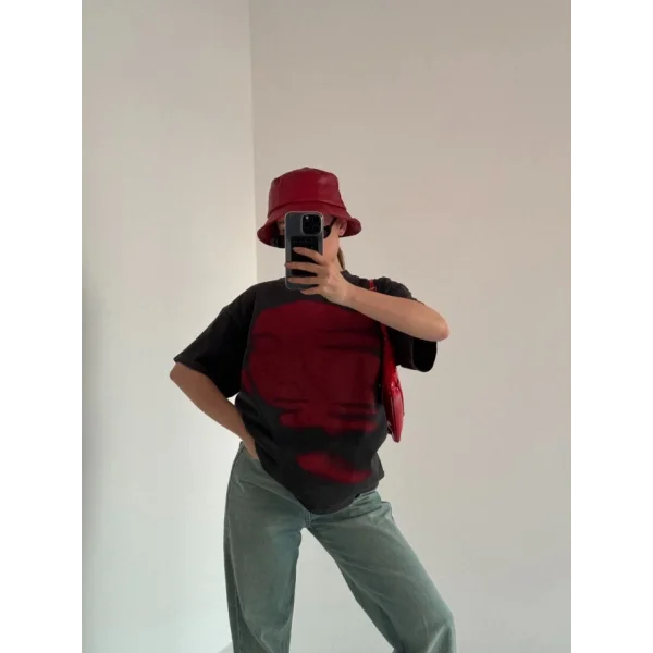 Bisiklet Yaka Yıkamalı Baskılı Thirt  Antrasit