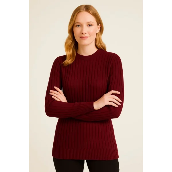 Bisiklet Yuvarlak Yaka Triko Kazak Pamuklu Kalın Fitilli Dokuma, Regular Fit Uzun Kollu Kışlık Model - Bordo