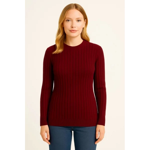 Bisiklet Yuvarlak Yaka Triko Kazak Pamuklu Kalın Fitilli Dokuma, Regular Fit Uzun Kollu Kışlık Model - Bordo