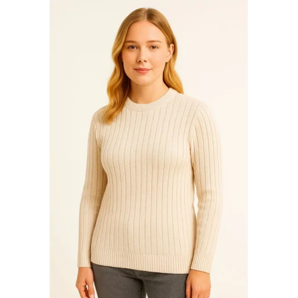 Bisiklet Yuvarlak Yaka Triko Kazak Pamuklu Kalın Fitilli Dokuma, Regular Fit Uzun Kollu Kışlık Model - Bej