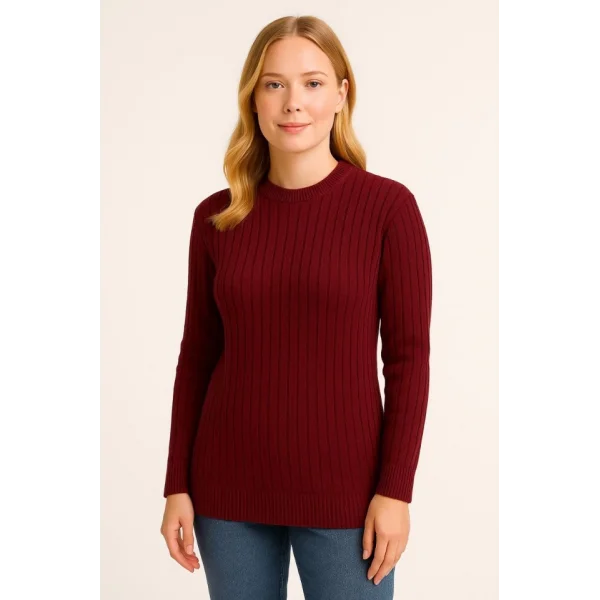 Bisiklet Yuvarlak Yaka Triko Kazak Pamuklu Kalın Fitilli Dokuma, Regular Fit Uzun Kollu Kışlık Model - Bordo