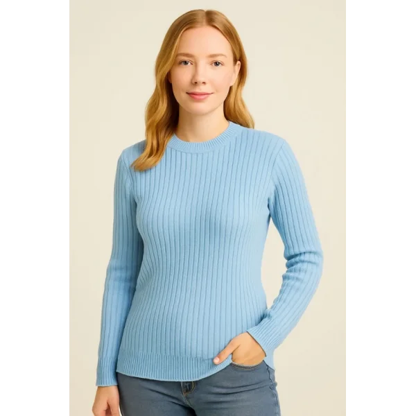 Bisiklet Yuvarlak Yaka Triko Kazak Pamuklu Kalın Fitilli Dokuma, Regular Fit Uzun Kollu Kışlık Model - Bebe Mavisi