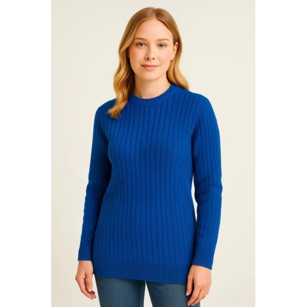 Bisiklet Yuvarlak Yaka Triko Kazak Pamuklu Kalın Fitilli Dokuma, Regular Fit Uzun Kollu Kışlık Model - Saks Mavisi